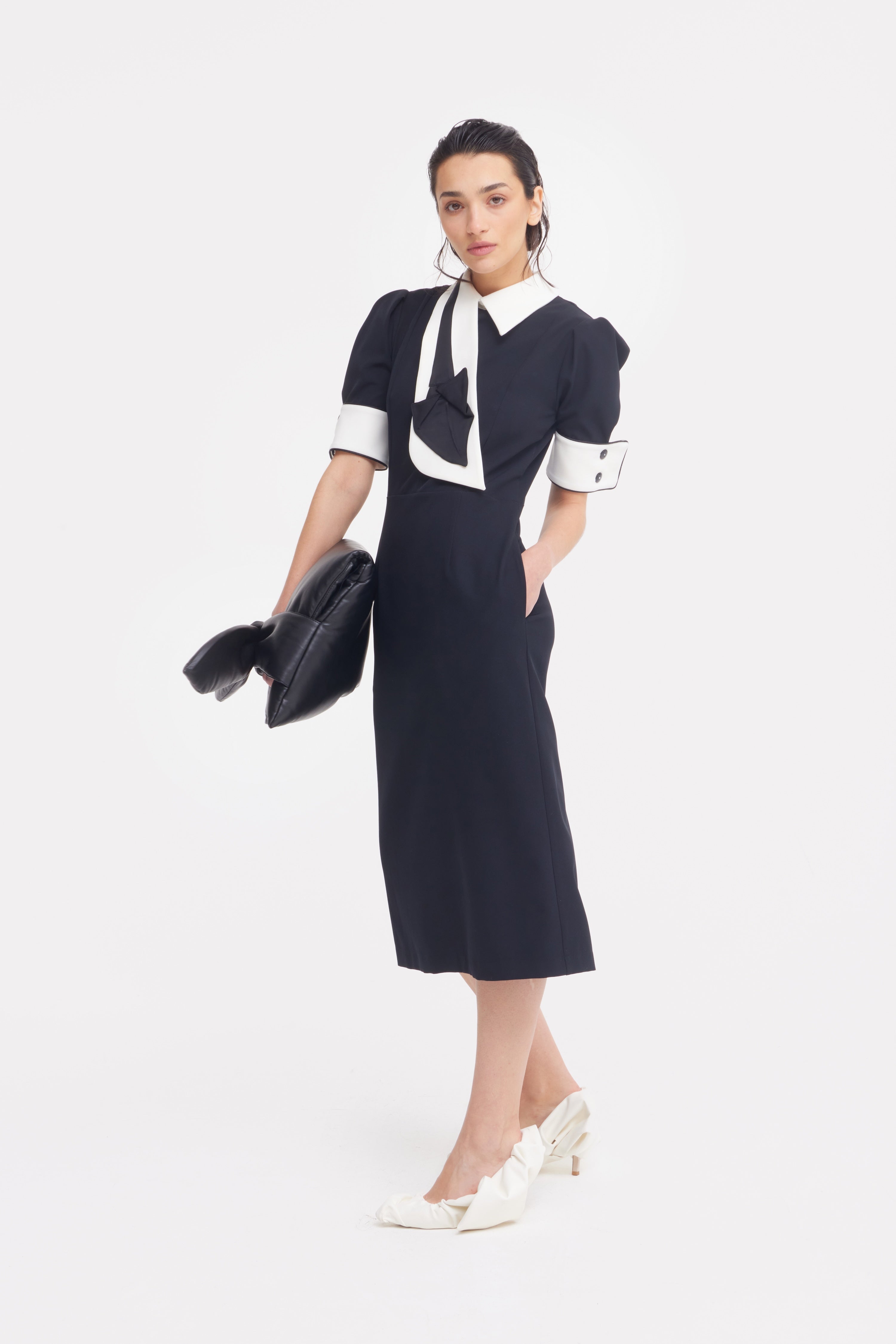 Formal Fitted Dress With White Collar - Office To Evening Style Black Julia Allert Formal Fitted Dress With White Collar - Office To Evening Style Black Julia Allert