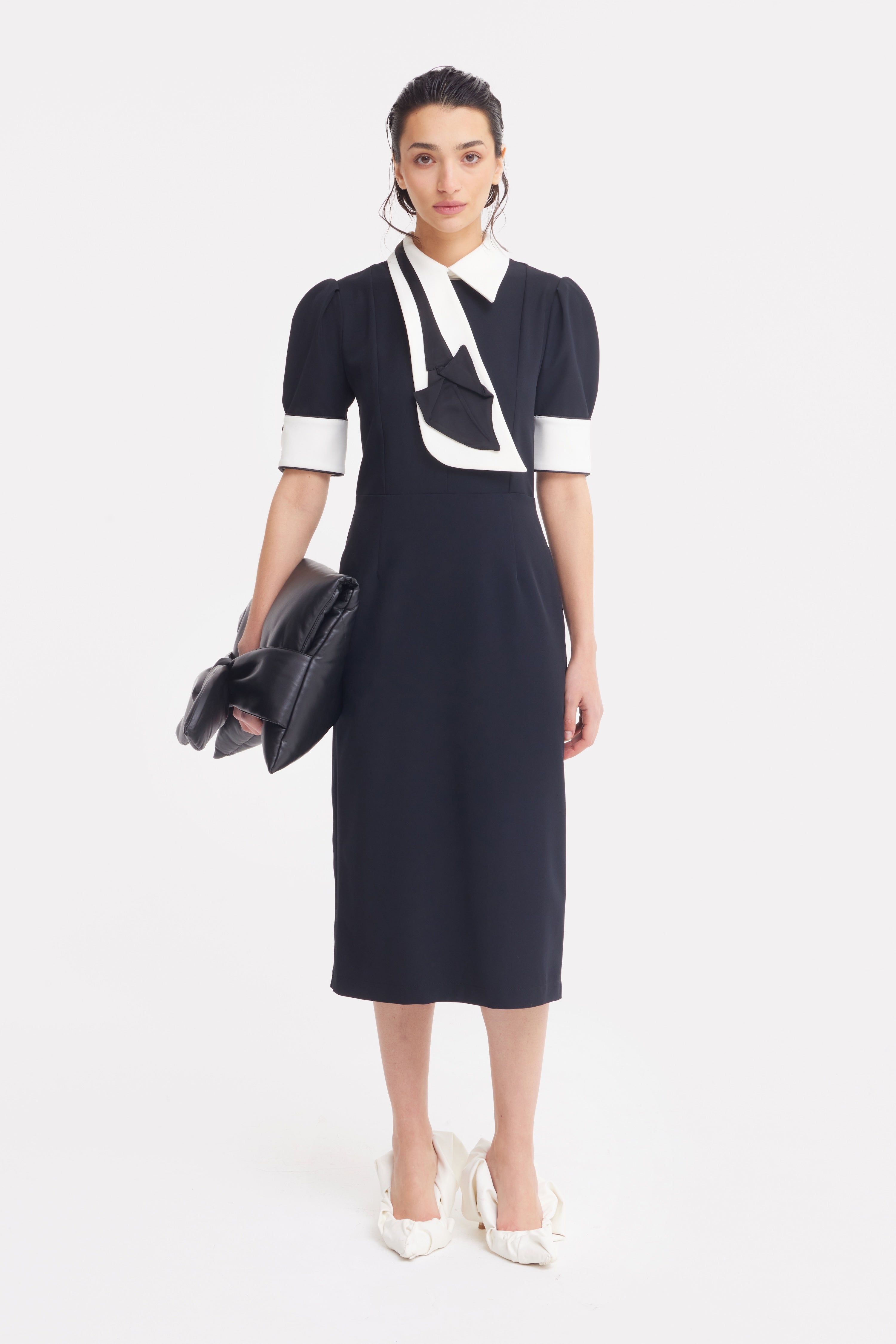Formal Fitted Dress With White Collar - Office To Evening Style Black Julia Allert Formal Fitted Dress With White Collar - Office To Evening Style Black Julia Allert