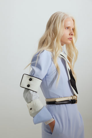 Formal Fitted Dress With White Collar - Office To Evening Style Light Blue