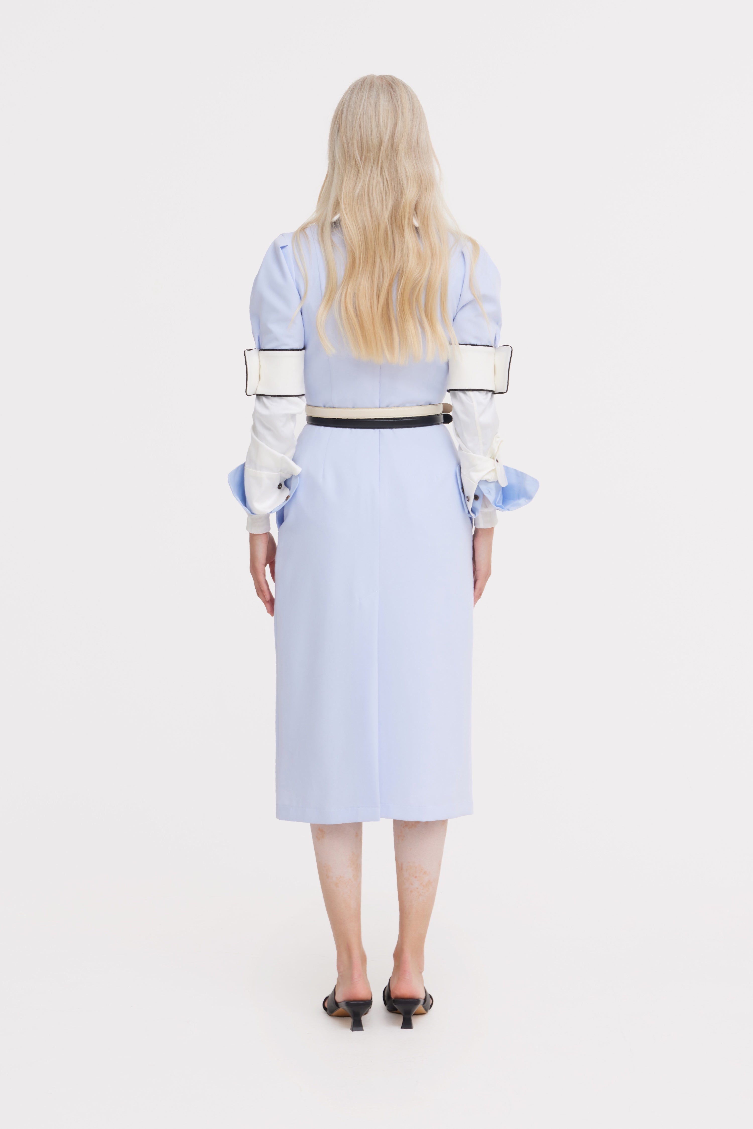 Formal Fitted Dress With White Collar - Office To Evening Style Light Blue XL Formal Fitted Dress With White Collar - Office To Evening Style Light Blue XL