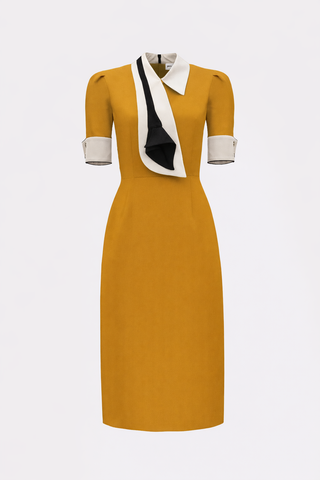 mustard yellow fitted dress Cache Mustard Yellow Linen Blend Ruffle V-Neck Fit and Flare Dress Womens 8