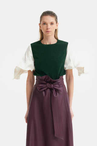 Green Lurex Knit Top With Adjustable Satin Sleeves