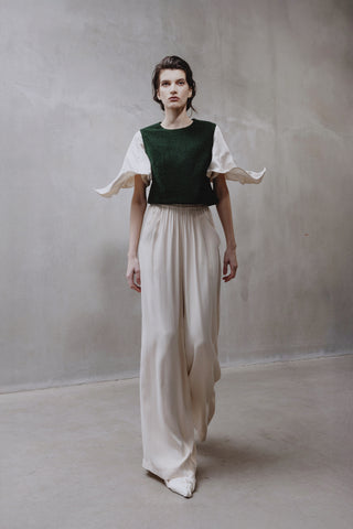 Green Lurex Knit Top With Adjustable Satin Sleeves