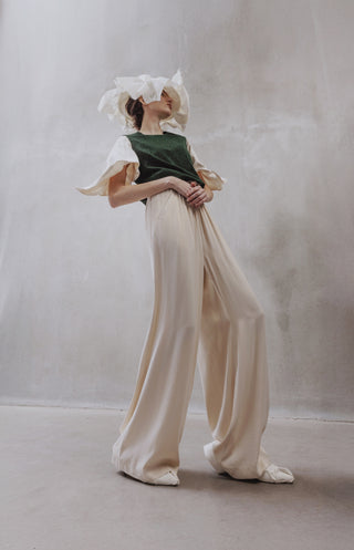 Green Lurex Knit Top With Adjustable Satin Sleeves