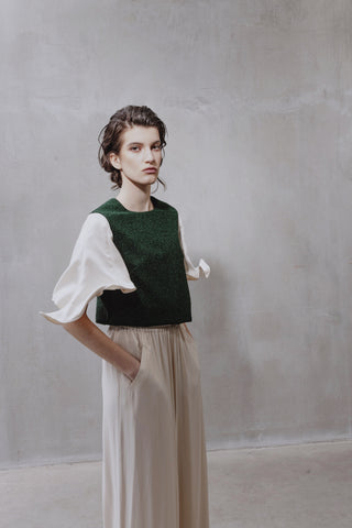 Green Lurex Knit Top With Adjustable Satin Sleeves