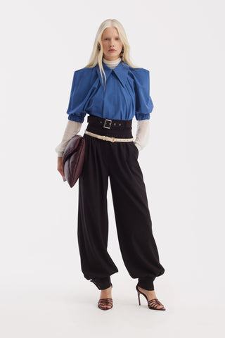 Belted High-Waist Balloon-Leg Pants - Black