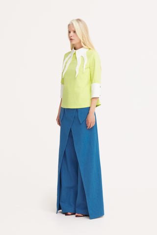 High-Waisted Denim Wrap Trousers, Skirt Effect - Blue