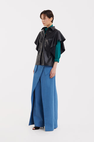 High-Waisted Denim Wrap Trousers, Skirt Effect - Blue