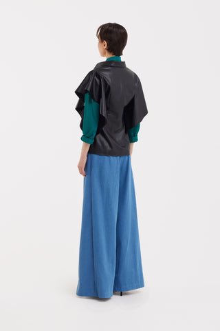 High-Waisted Denim Wrap Trousers, Skirt Effect - Blue