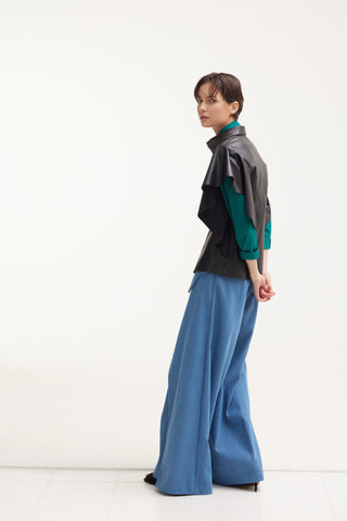 High-Waisted Denim Wrap Trousers, Skirt Effect - Blue