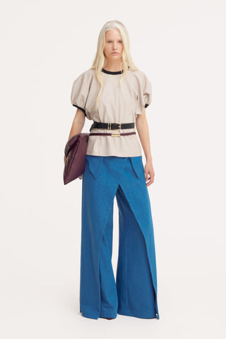 High-Waisted Denim Wrap Trousers, Skirt Effect - Blue