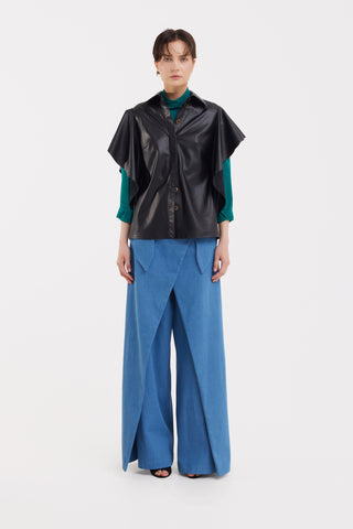 High-Waisted Denim Wrap Trousers, Skirt Effect - Blue