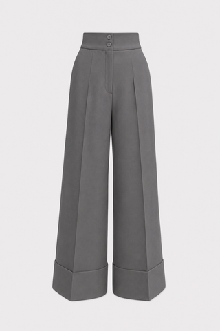 High-Waisted Wide-Leg Pants With Cuffs - Grey