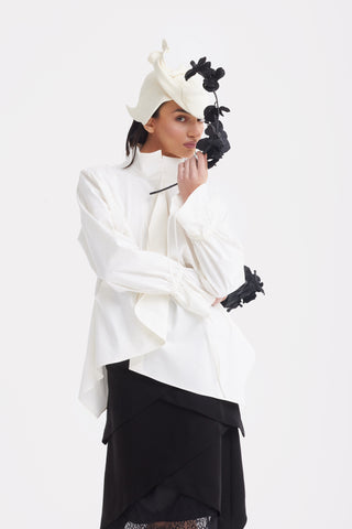 High Neck Draped Cotton Blouse - White