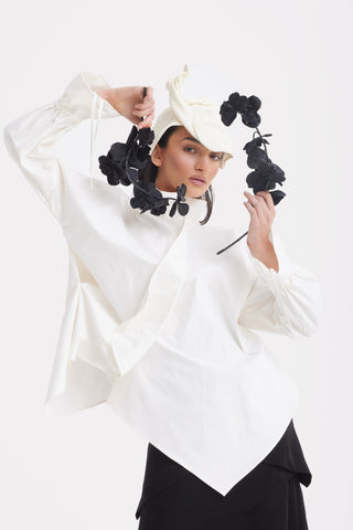 High Neck Draped Cotton Blouse - White