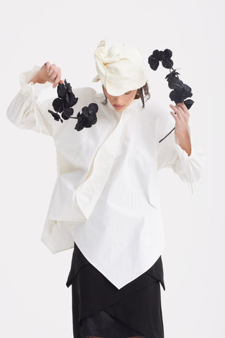 High Neck Draped Cotton Blouse - White