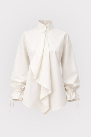 High Neck Draped Cotton Blouse - White