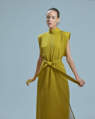 Stylish Straight Dress With Belt Mustard