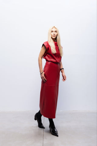 Stylish Sleeveless Faux Leather Dress Red