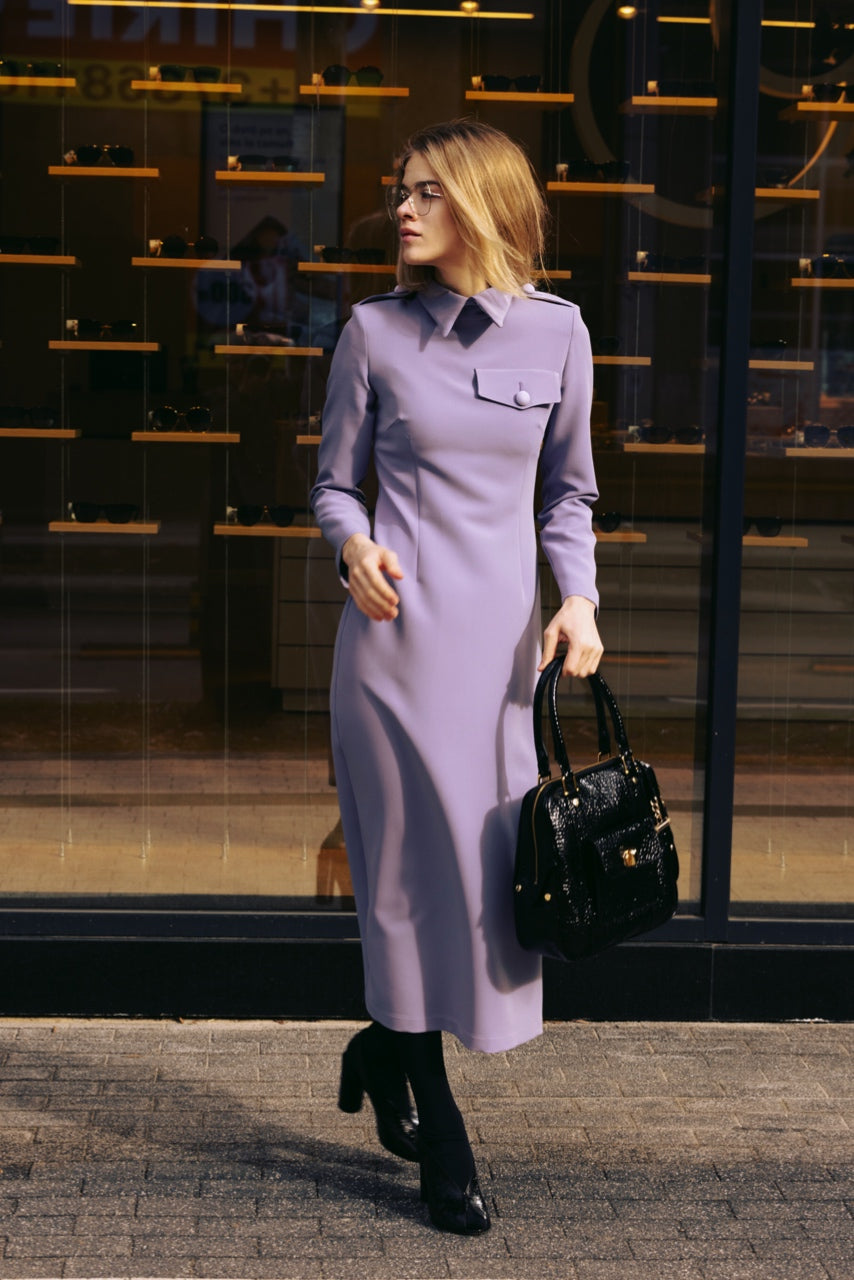 Fitted Long Sleeve Dress With Stand-Up Collar - Lavander