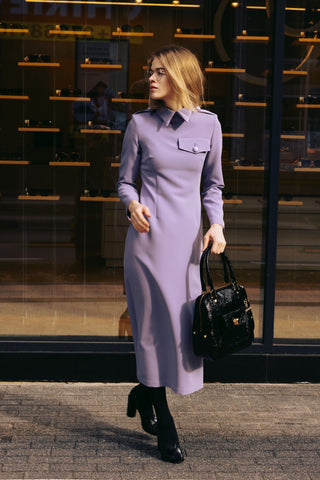 Fitted Long Sleeve Dress With Stand-Up Collar Lavender