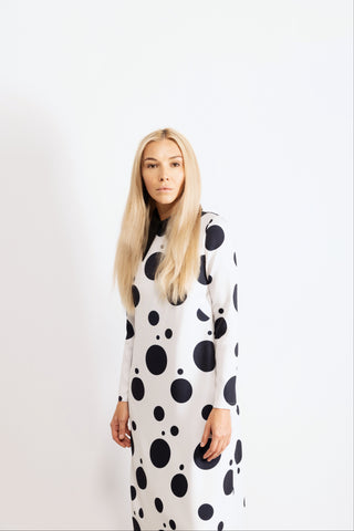 Polka Dot Dress With Stand Collar White