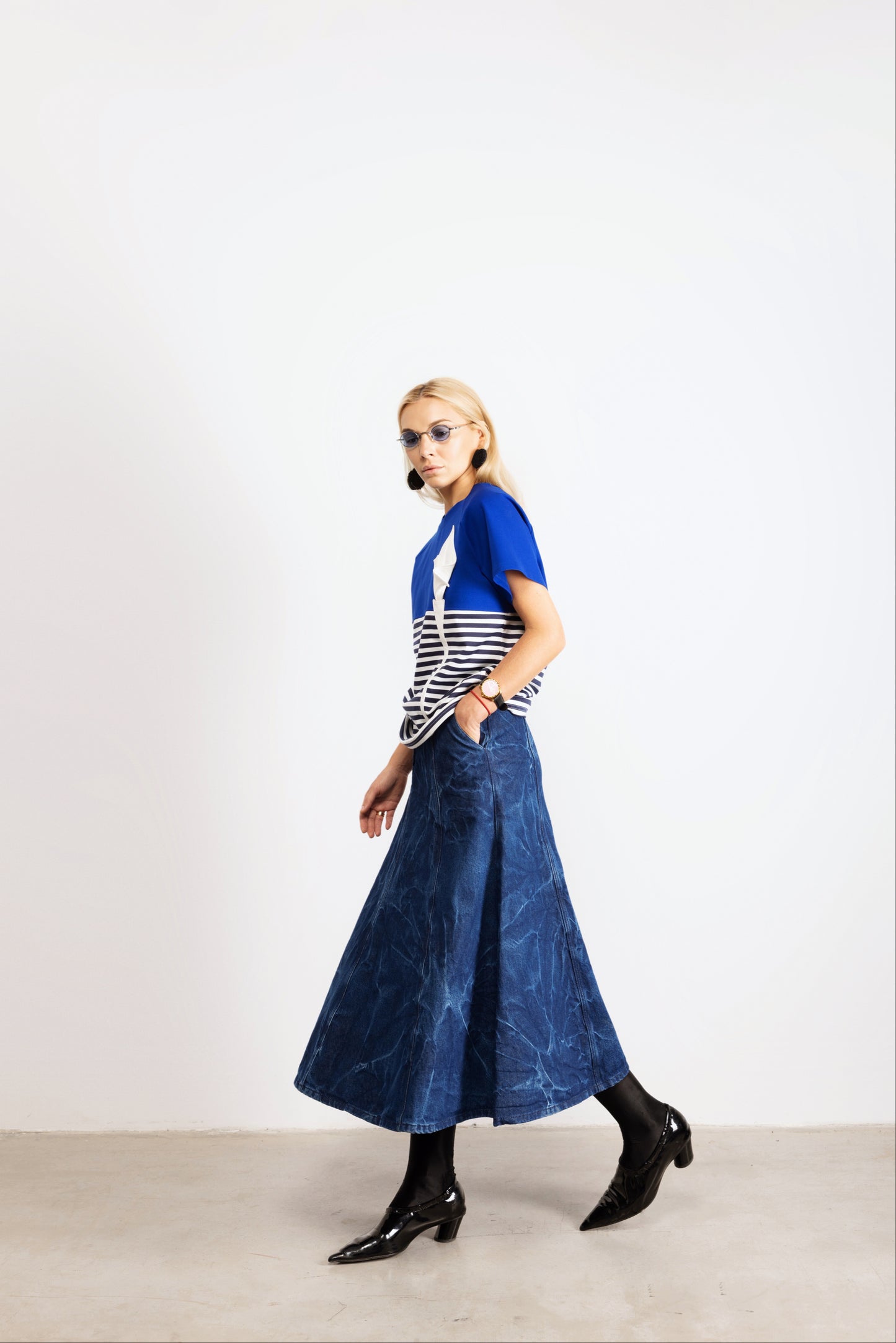 A-Line Flare Pleated Denim Skirt Blue