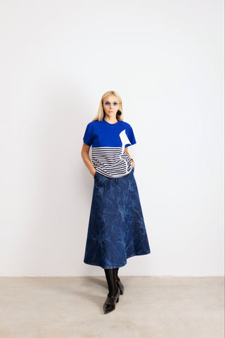 A-Line Flare Pleated Denim Skirt Blue