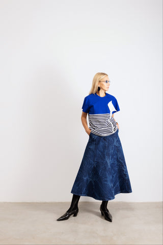 A-Line Flare Pleated Denim Skirt Blue