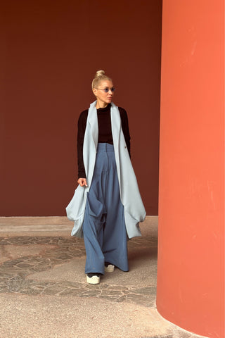 Wide Flared Trousers With Calla Flower Pale Blue