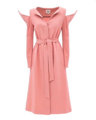 Fashion Long Button-Up Dress With Belt Coral