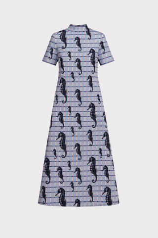 Pale Blue Seahorse Grid Print Fluid A-Line Dress – Capsule Edition
