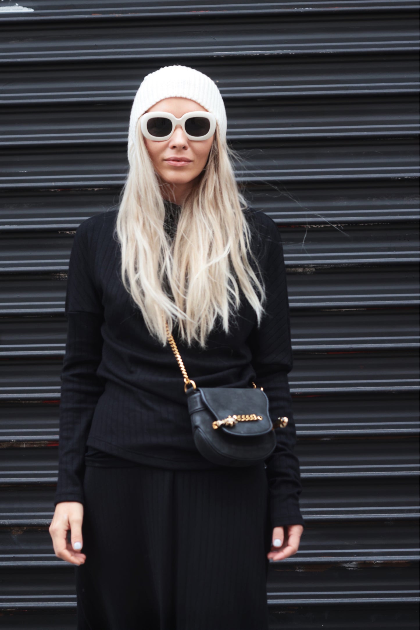 Rib Knit Suit Asymmetric Blouse & Basic Skirt Black