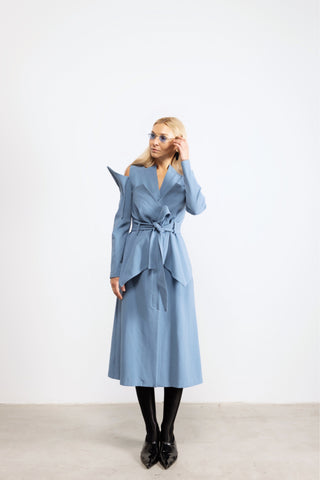 Set - Long Button-Up Dress With Corset Belt Blue