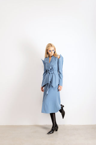 Set - Long Button-Up Dress With Corset Belt Blue