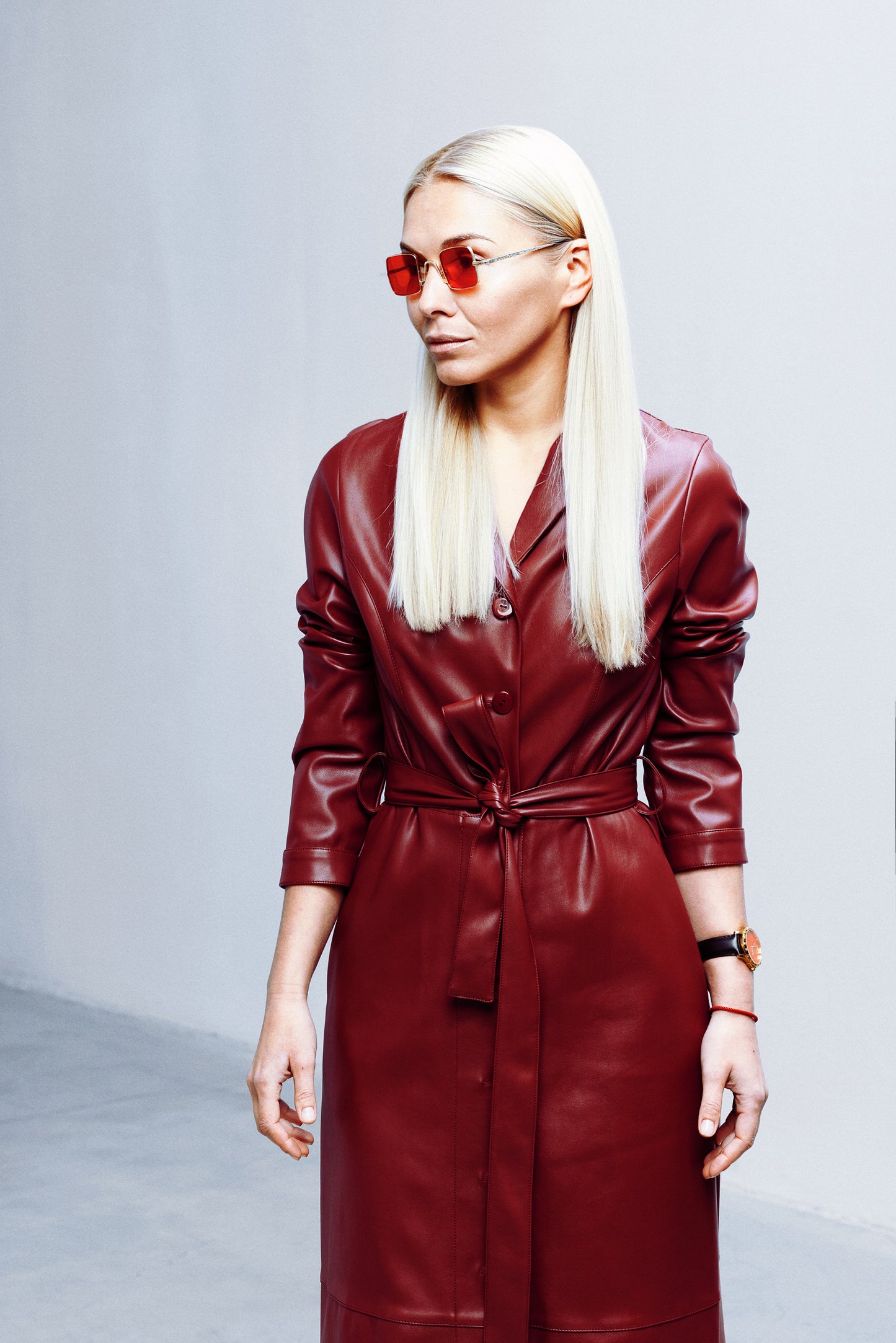 Burgundy Long Button-Up Eco-Leather Trench
