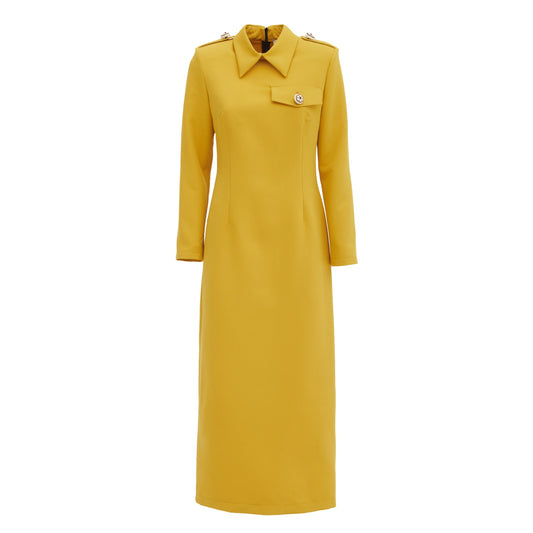 Fitted Long Sleeve Dress With Stand-Up Collar - Yellow