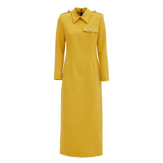 Fitted Long Sleeve Dress With Stand-Up Collar Yellow