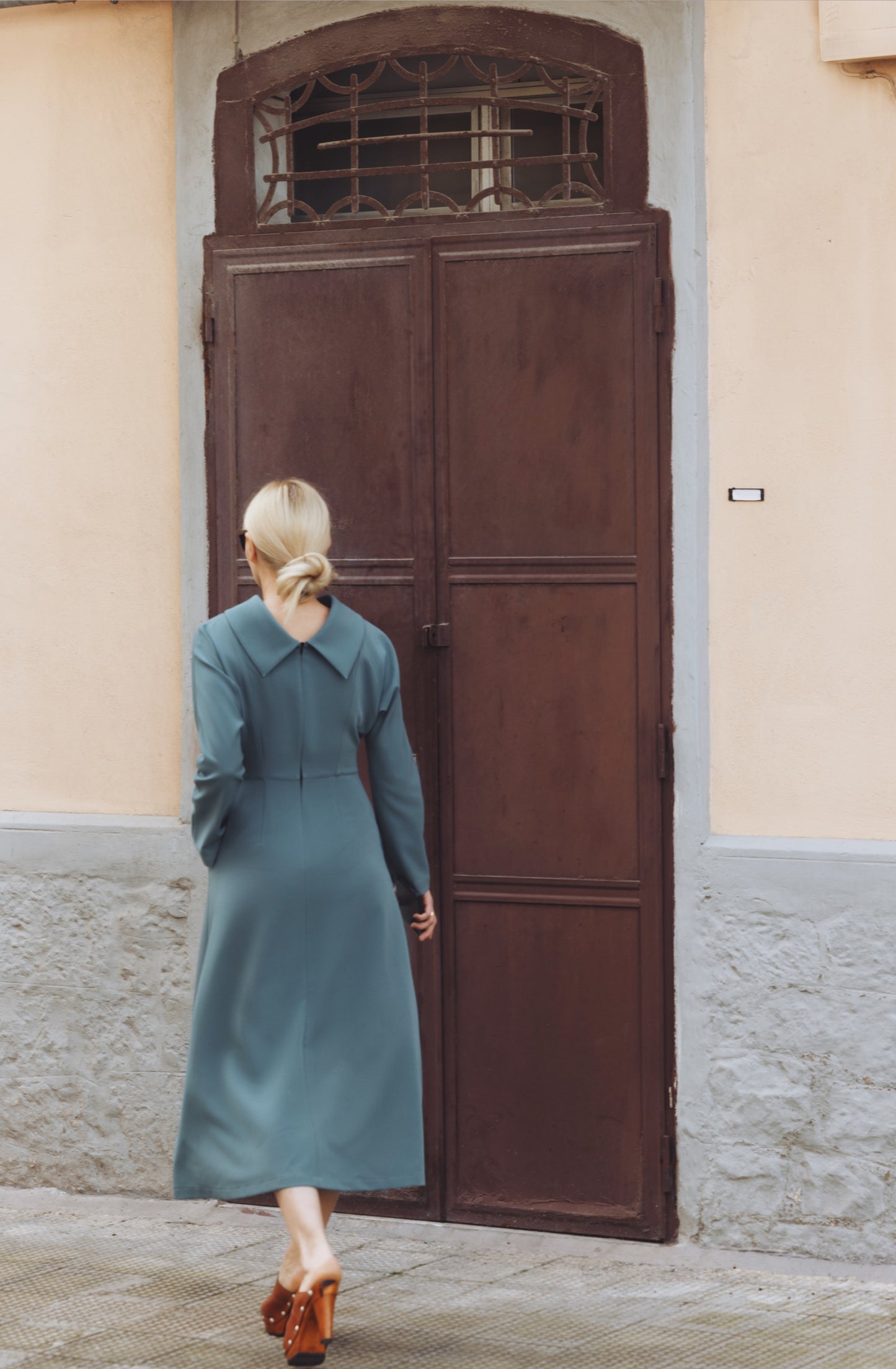 Elegant Fitted Dress With A Flared Skirt Dusty Turquoise