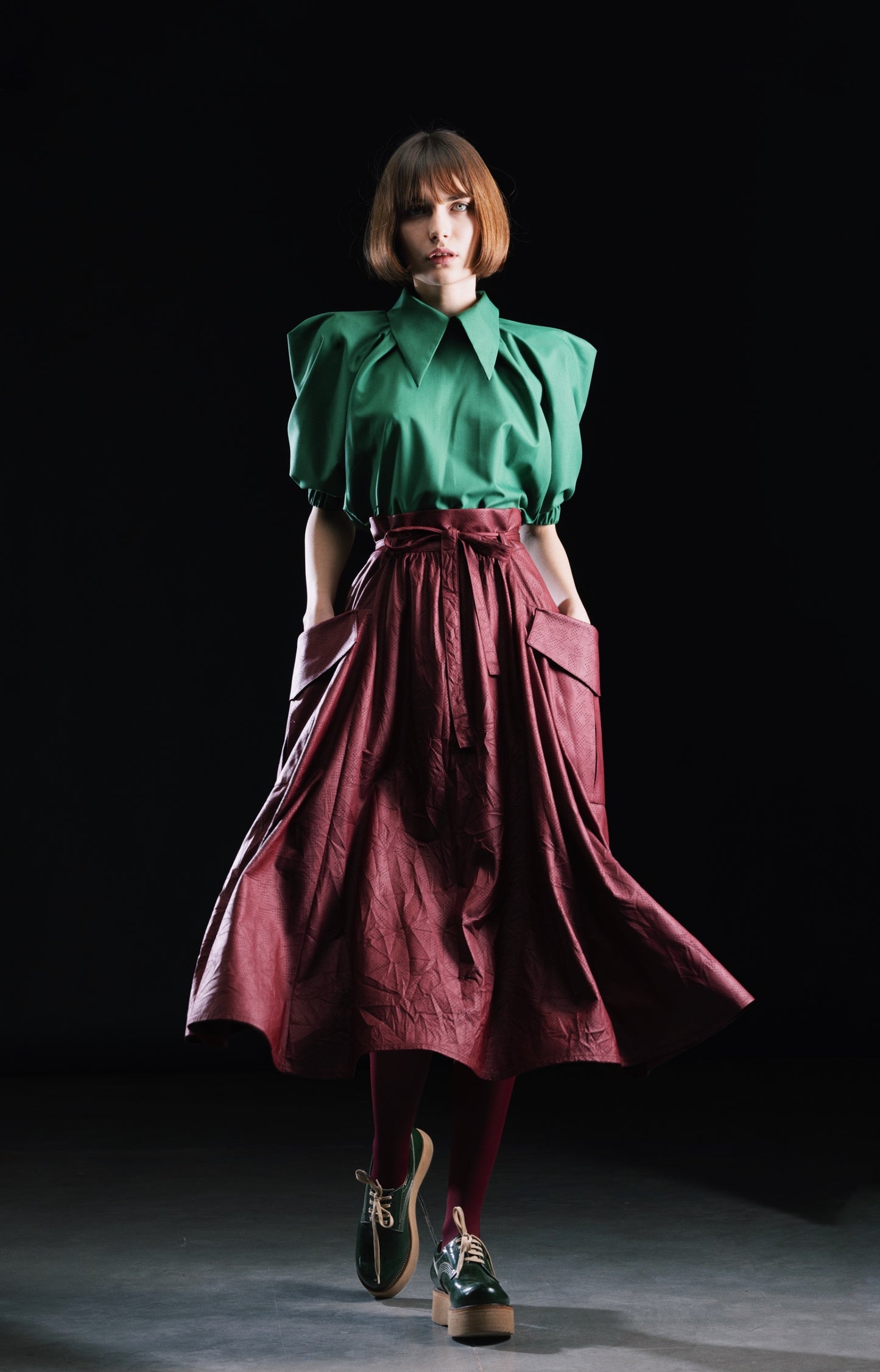 Designer Faux Leather Midi Skirt Bordo