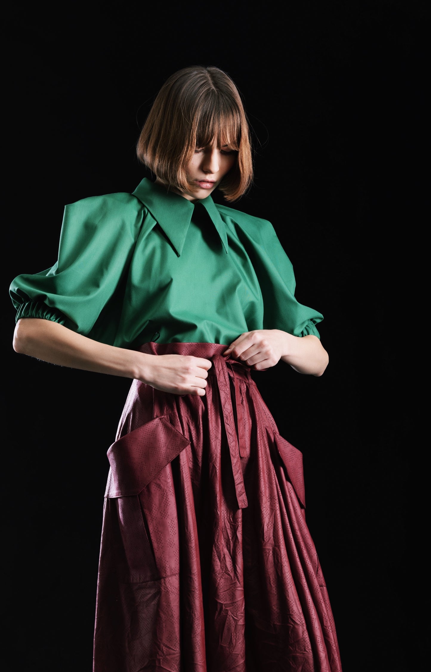Designer Faux Leather Midi Skirt Bordo