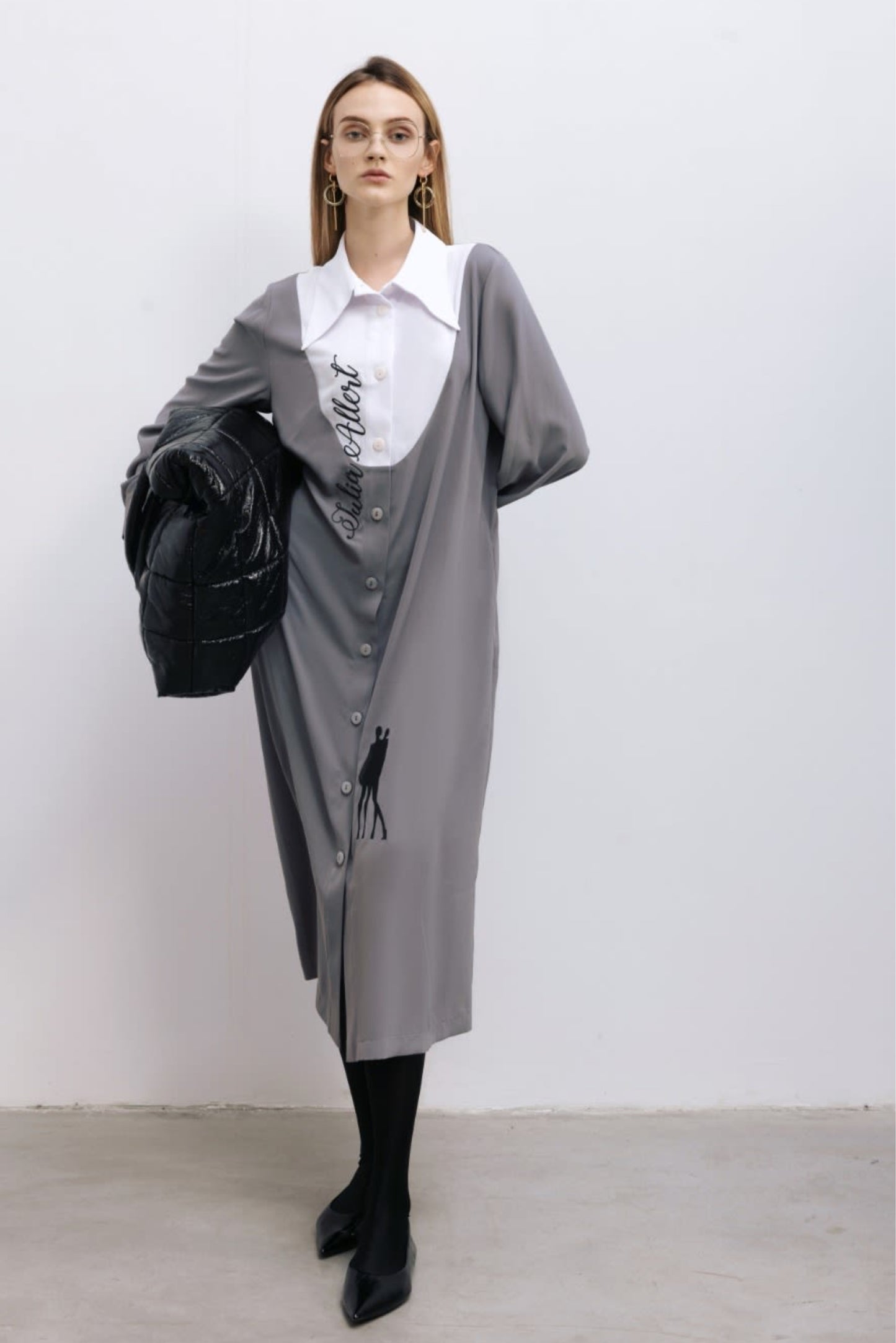 Loose Fit Midi Dress Shirt Grey