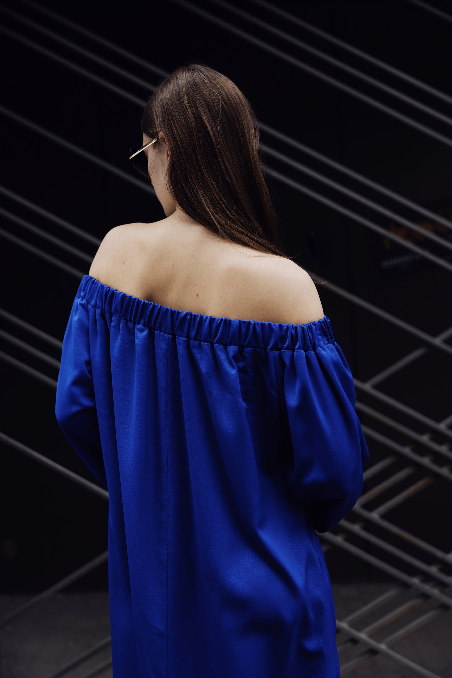 Blue Silk Open Shoulders Oversized Dress