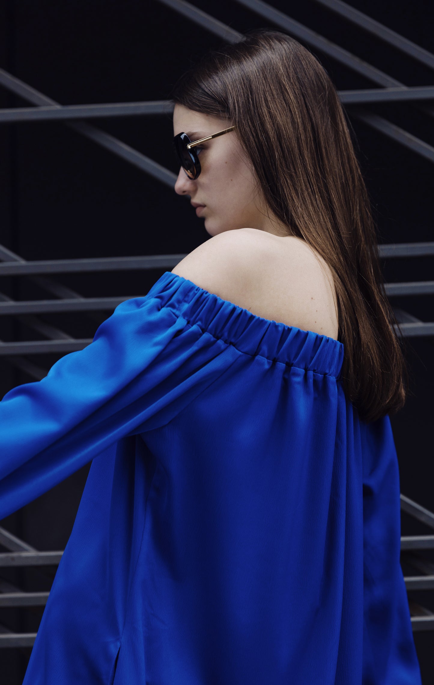 Blue Silk Open Shoulders Oversized Dress
