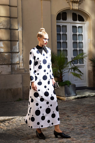 Polka Dot Dress With Stand Collar White