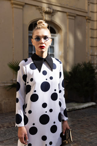 Polka Dot Dress With Stand Collar White