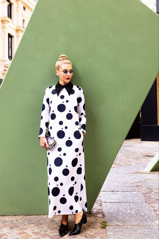 Polka Dot Dress With Stand Collar White