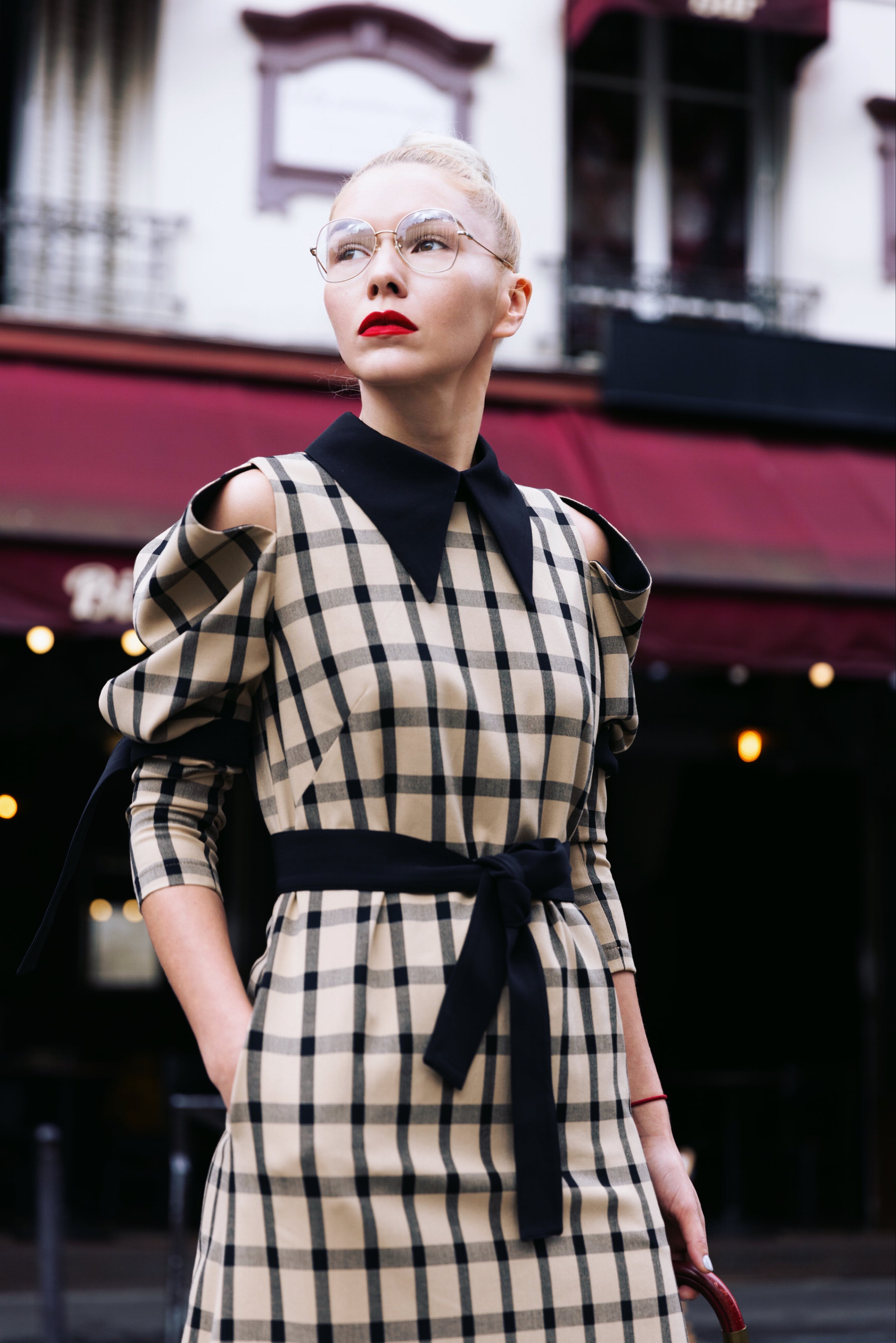 Stylish Cold Shoulder Long Sleeve Plaid Dress With Belt – Julia Allert