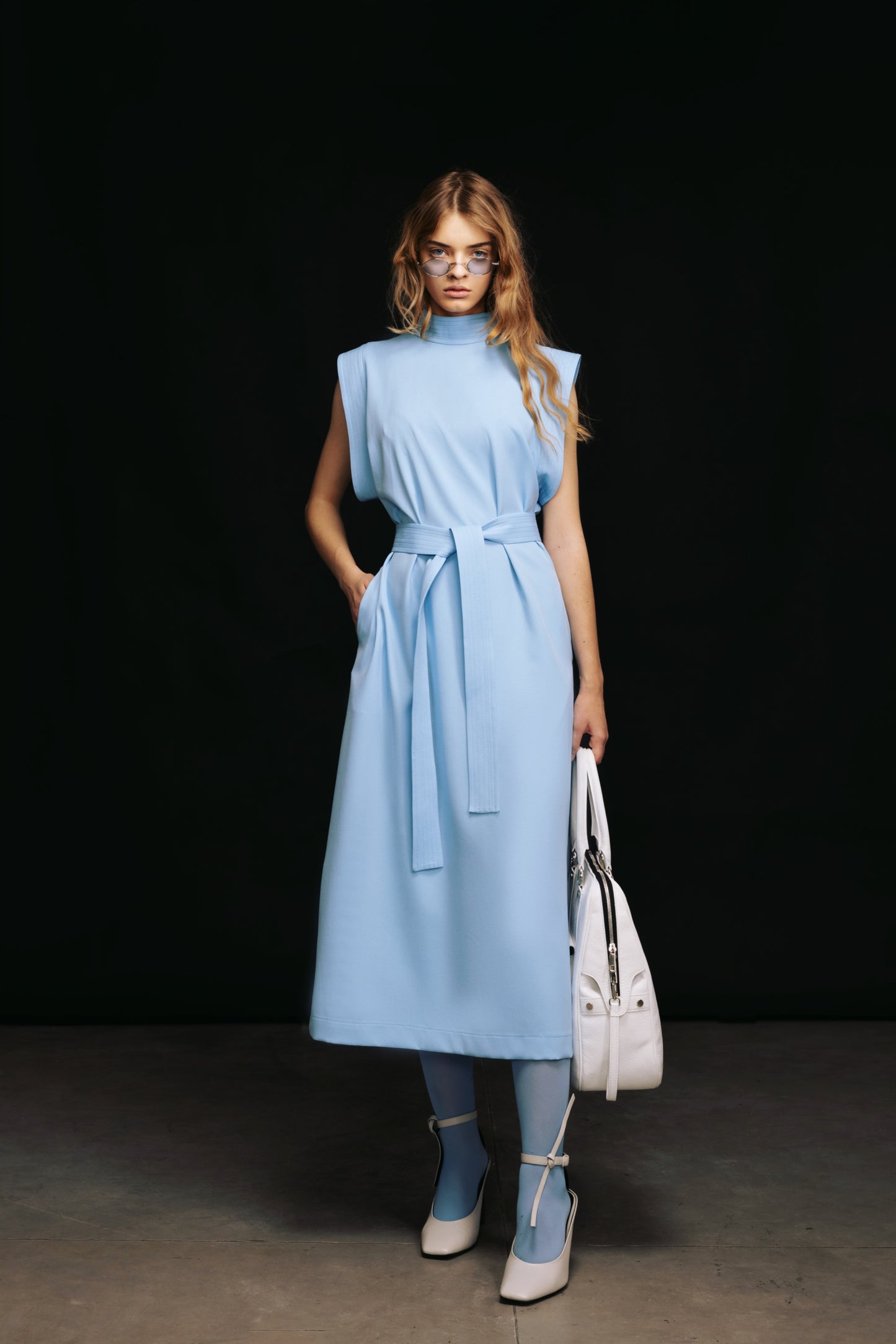 Stylish Straight Dress With Belt Light Blue
