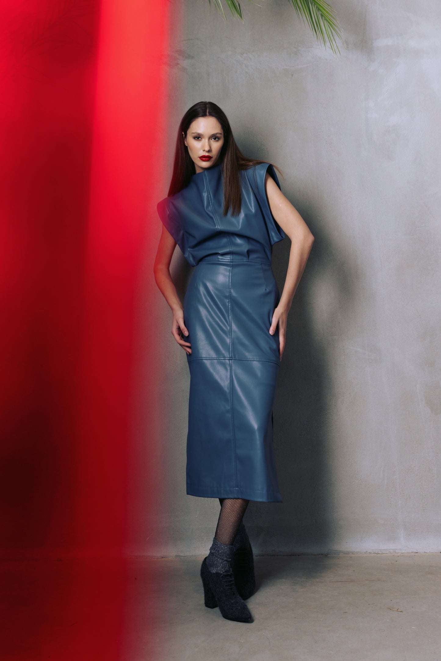Stylish Sleeveless Faux Leather Dress Blue Grey